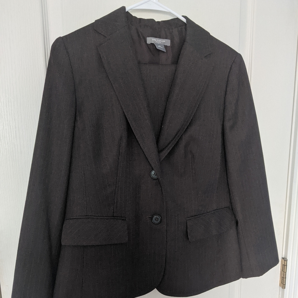 Ann Taylor Brown Pinstripe Pantsuit, 12P/10P